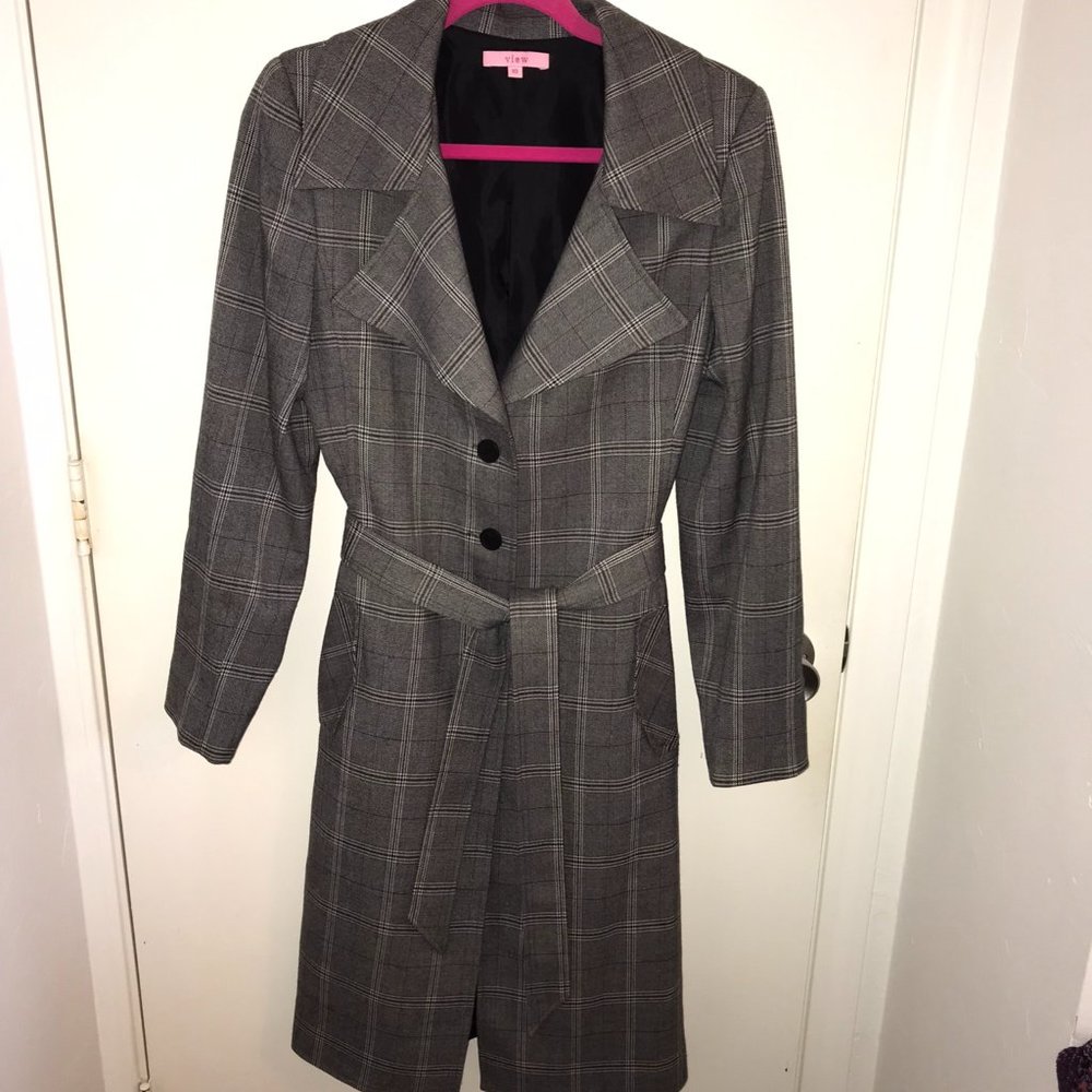 View Grays with Black and White Plaid Lightweight Trench Coat [WM Sz 10]